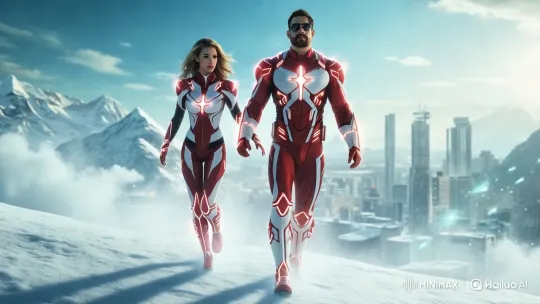 Futuristic Characters on Mountain Peak with Cityscape Background – AI Generated Video | Hailuo AI