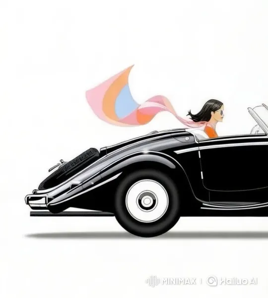 Live2D Animated Drive: Woman in Convertible with Flowing Scarf – AI Generated Video | Hailuo AI