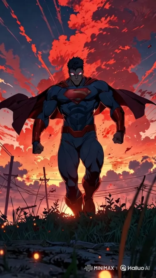 Superhero on Rooftop: Sunset Battle Over Ruined City – AI Generated Video | Hailuo AI