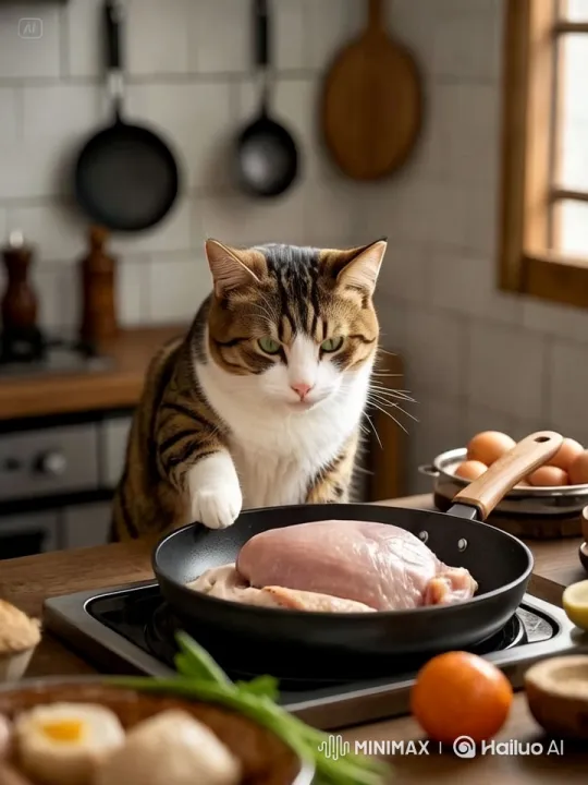 Curious Cat Interacts with Cooking Chicken – AI Generated Video | Hailuo AI