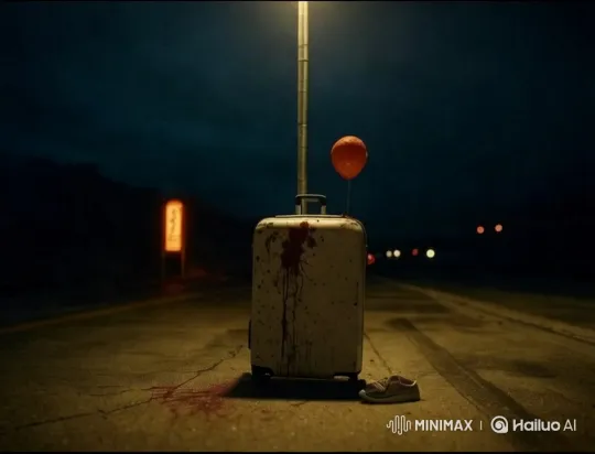 Mysterious Blood-Stained Suitcase with Red Balloon on Deserted Road – AI Generated Video | Hailuo AI