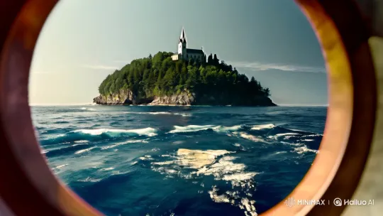 Spyglass View: Island Church Amidst Ocean's Embrace – AI Generated Video | Hailuo AI