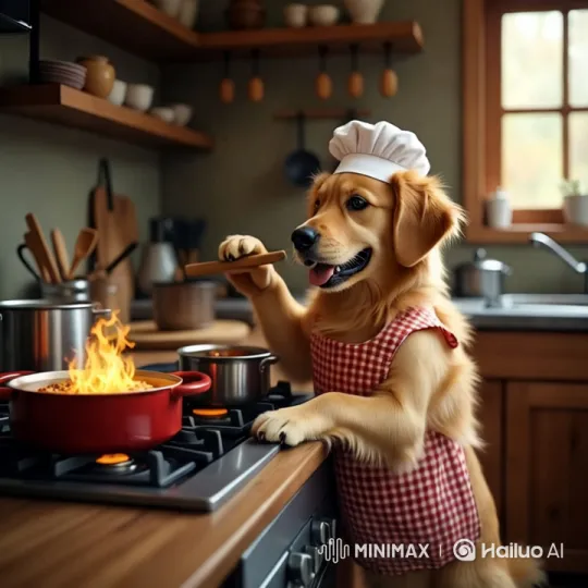 Golden Retriever Chef Stirs Up Whimsy in Rustic Kitchen – AI Generated Video | Hailuo AI