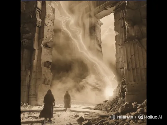 Ancient Ruins and Hooded Figures in Mysterious Light – AI Generated Video | Hailuo AI