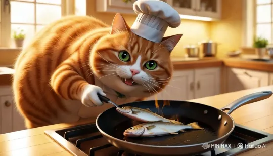 Cute Cat Chef Cooks Fish in Whimsical Kitchen Scene – AI Generated Video | Hailuo AI