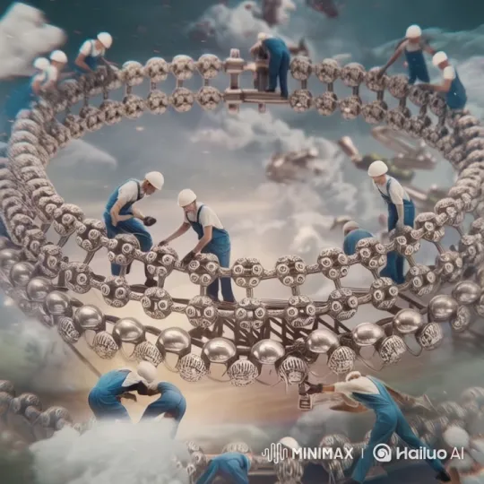 Workers Assemble Intricate Metallic Structure in Dreamy Sky – AI Generated Video | Hailuo AI