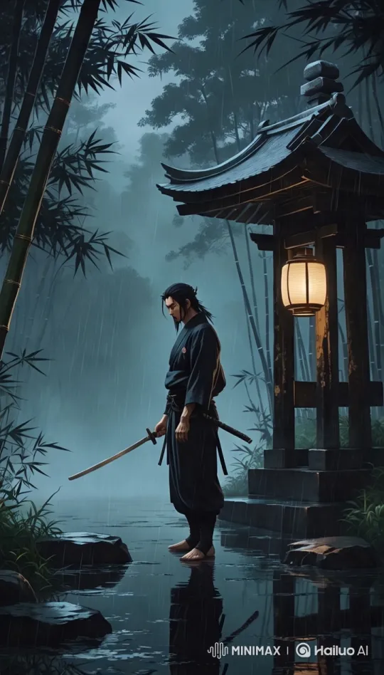 Mystical Samurai Showcases Sword Mastery in Rainy Bamboo Grove – AI Generated Video | Hailuo AI