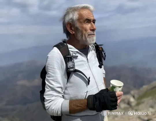 Elderly Man Embraces Nature's Majesty on Mountain Peak – AI Generated Video | Hailuo AI