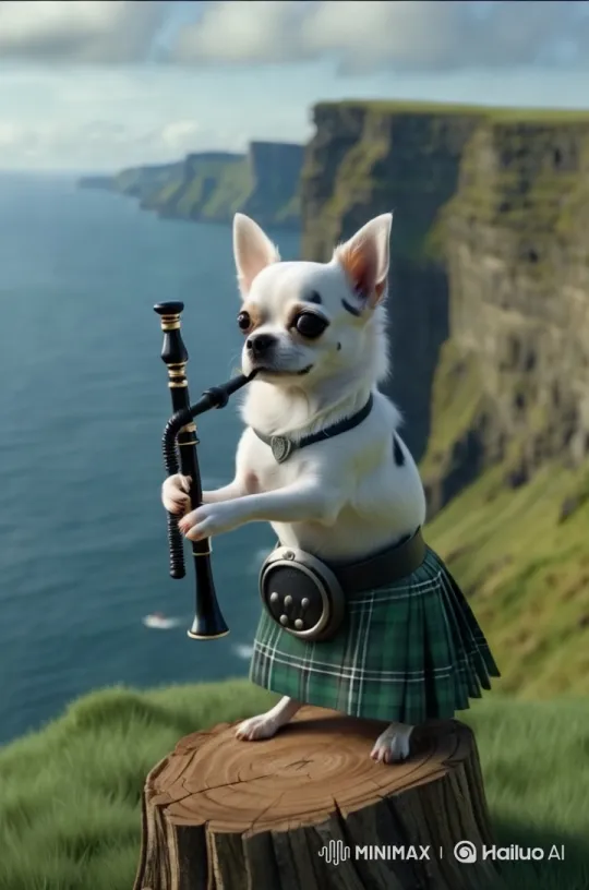 Chihuahua Plays Flute in Majestic Coastal Setting – AI Generated Video | Hailuo AI