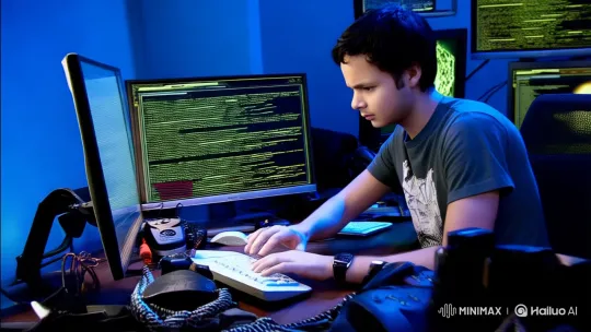 Young Hacker Breaches Security in Dimly Lit Room – AI Generated Video | Hailuo AI