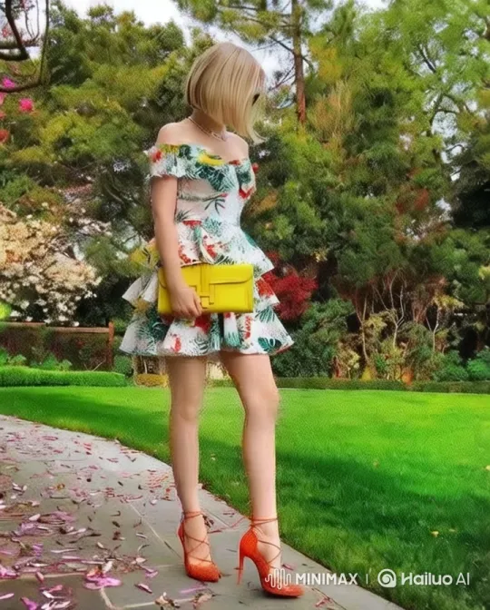 Woman in Floral Dress Stands in Vibrant Pathway – AI Generated Video | Hailuo AI