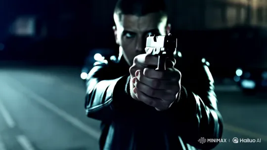 Man Points Gun at Camera in Dramatic Urban Setting – AI Generated Video | Hailuo AI