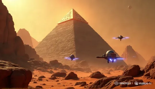 Ancient Pyramid on Mars with Futuristic Drones and Mysterious Glow – AI Generated Video | Hailuo AI