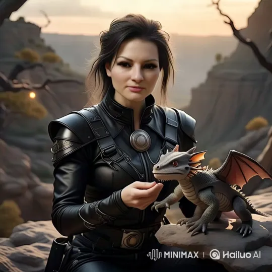 Woman Feeds and Bonds with Dragons on Mountain at Sunset – AI Generated Video | Hailuo AI