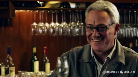 Middle-Aged Man Savors Wine in Cozy Bar Atmosphere – AI Generated Video | Hailuo AI