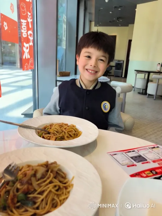 Boy Waves and Eats Noodles in Cafe – AI Generated Video | Hailuo AI