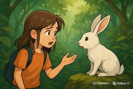 Lost Girl Meets Talking Rabbit in the Jungle – AI Generated Video | Hailuo AI