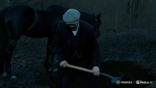 Bearded Man in Overcoat Digs Grave at Dusk – AI Generated Video | Hailuo AI