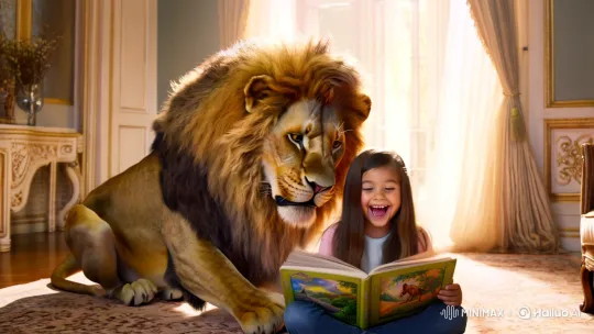 Girl and Lion Share Magical Moment in Sunlit Room – AI Generated Video | Hailuo AI