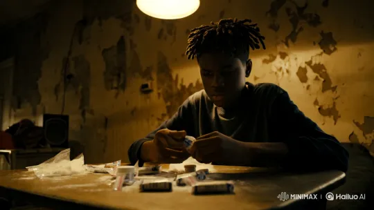 Young Boy Packaging Narcotics in Chaotic Trap House – AI Generated Video | Hailuo AI