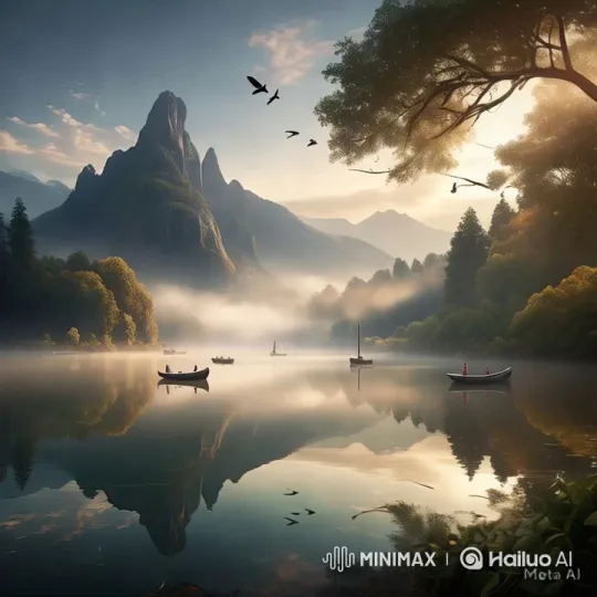 Tranquil Lake Morning: Harmony of Nature and Humanity – AI Generated Video | Hailuo AI