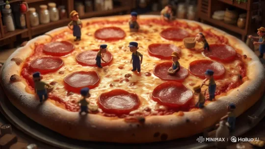 Tiny Workers Craft a Pepperoni Pizza with Artistic Precision – AI Generated Video | Hailuo AI
