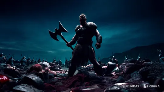 Barbarian Hero Stands Amidst Battlefield, 'DemiGods' Revealed in Sky – AI Generated Video | Hailuo AI