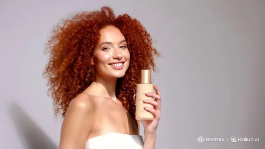 Confident Redhead Model Showcases Beauty Product in Elegant Studio Setting – AI Generated Video | Hailuo AI