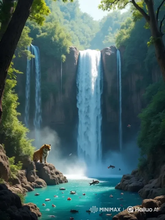 Tiger Observes Tranquil Waterfall Landscape – AI Generated Video | Hailuo AI