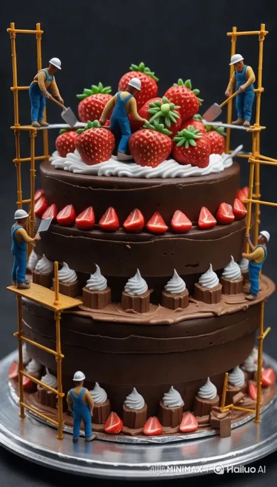 Miniature Workers Decorate Giant Chocolate Cake – AI Generated Video | Hailuo AI