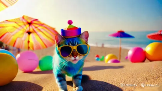 Colorful Cat in Sunglasses Explores Whimsical Beach – AI Generated Video | Hailuo AI