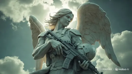 Angel with Rifle: A Majestic Statue in Modern Armor – AI Generated Video | Hailuo AI