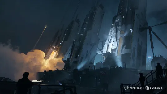 Futuristic Spaceport Night with Rockets and Anticipatory Crowd – AI Generated Video | Hailuo AI