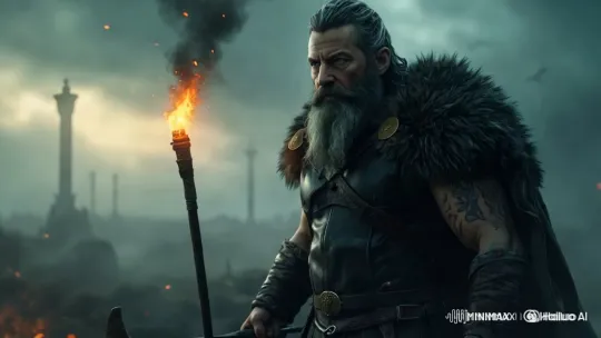 Warrior with Torch in Ancient, Misty Ruins – AI Generated Video | Hailuo AI