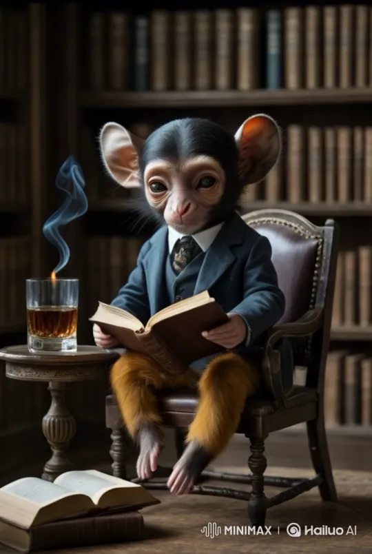 Creature Reads Amidst Whiskey and Antique Books – AI Generated Video | Hailuo AI