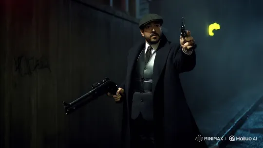 Man in Suit Readies Weapons in Foggy Alley – AI Generated Video | Hailuo AI