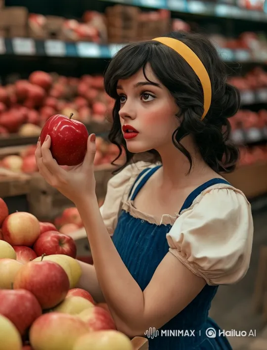 Snow White Contemplates Stealing an Apple in Modern Supermarket – AI Generated Video | Hailuo AI