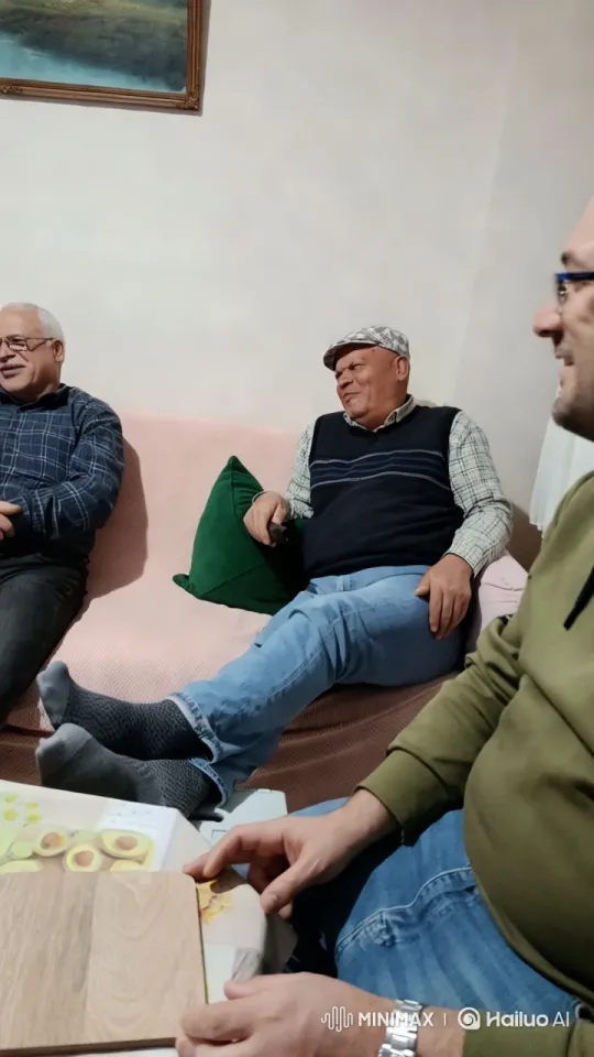Three Men Chatting in a Cozy Living Room – AI Generated Video | Hailuo AI