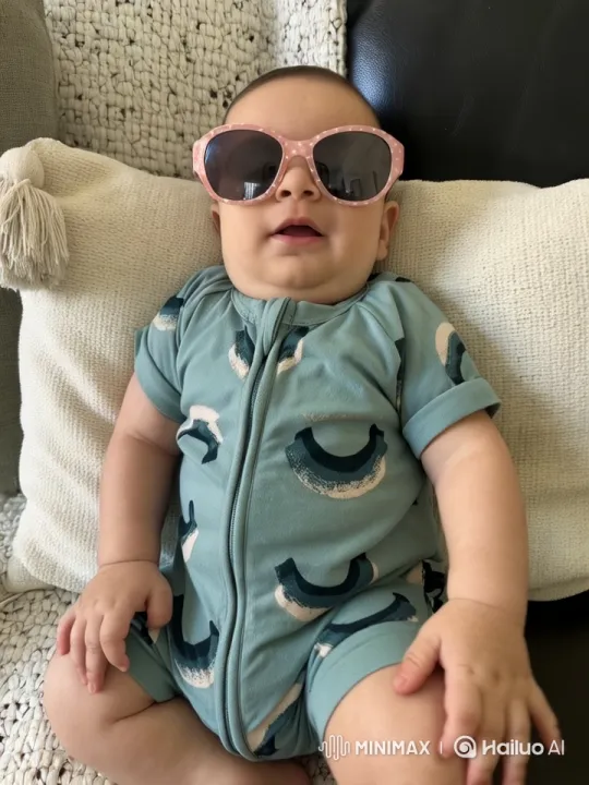 Cheerful Baby in Onesie With Sunglasses on Cozy Blanket – AI Generated Video | Hailuo AI