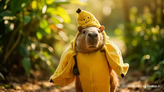 Capybara in Banana Costume: Animated Serenity in the Forest – AI Generated Video | Hailuo AI