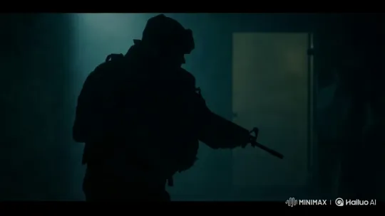 Silhouetted Figure with Rifle in Dimly Lit Tension – AI Generated Video | Hailuo AI