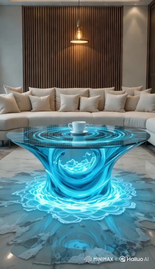 Modern Living Room with Swirling Glass Table and Warm Ambiance – AI Generated Video | Hailuo AI