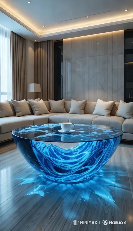Luxurious Living Room with Captivating Blue Glass Coffee Table – AI Generated Video | Hailuo AI