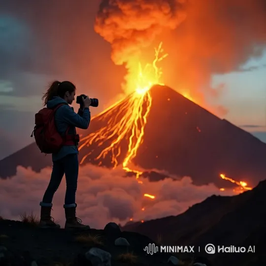 Volcanic Eruption Captured by Focused Photographer – AI Generated Video | Hailuo AI