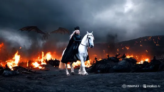 Girl with Black Crown Leads Victorious Procession Amidst Fiery Battle – AI Generated Video | Hailuo AI