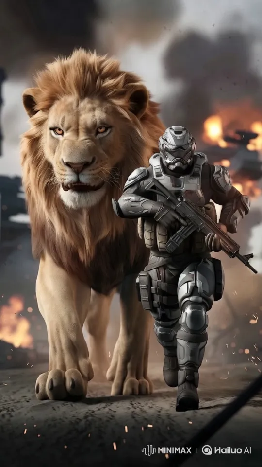 Lion and Soldier Advance Through Fiery Battlefield – AI Generated Video | Hailuo AI