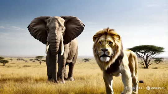 Elephant and Lion Standoff in Vast Savanna – AI Generated Video | Hailuo AI