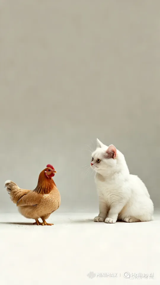 White Cat Gently Interacts with Little Chicken in Aesthetic Video – AI Generated Video | Hailuo AI
