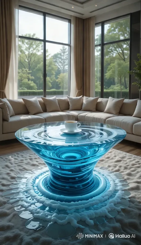 Elegant Living Room with Reflective Blue Glass Table – AI Generated Video | Hailuo AI