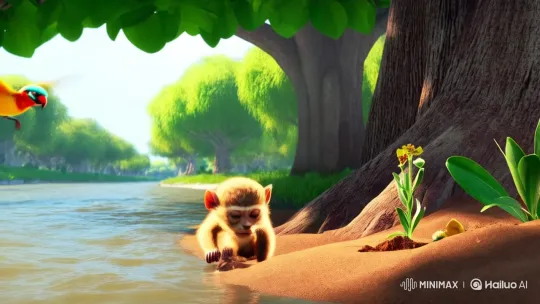 Monkey and Bee-eater in Tranquil River Setting – AI Generated Video | Hailuo AI
